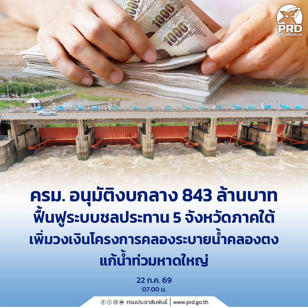 ครม. อนุมัติงบ 843 ล้านบาท ฟื้นฟูชลประทาน 5 จังหวัดใต้ เร่งแก้น้ำท่วม พร้อมเพิ่มงบ "คลองตง" ช่วยหาดใหญ่